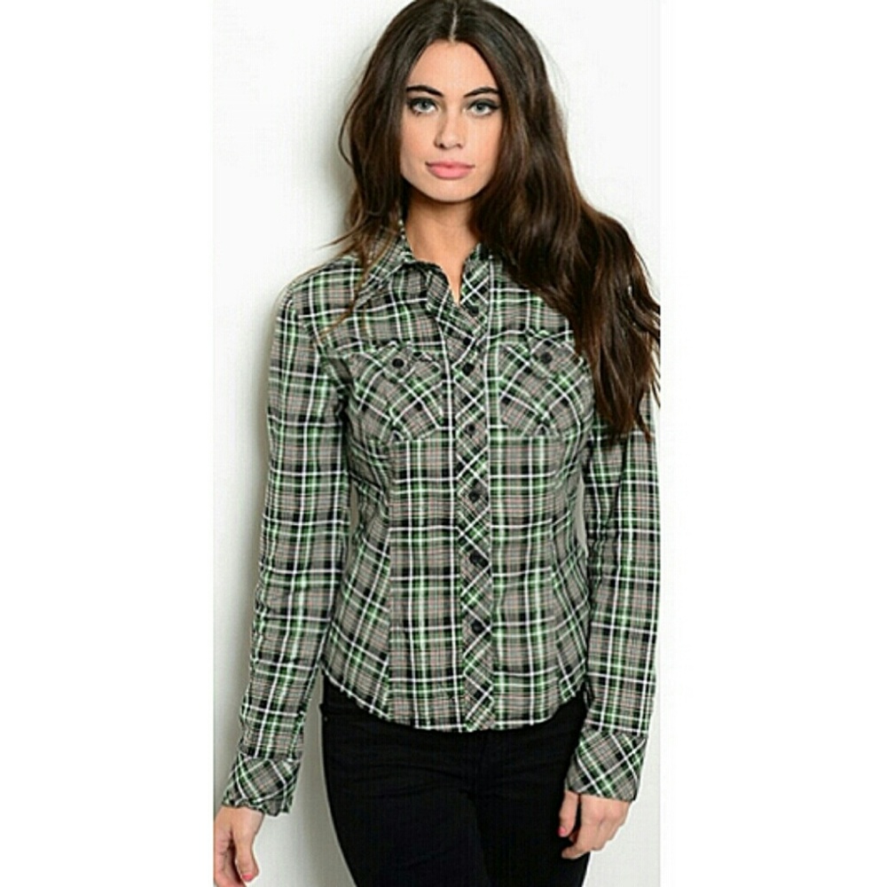Feline Green Plaid Button Down Shirt